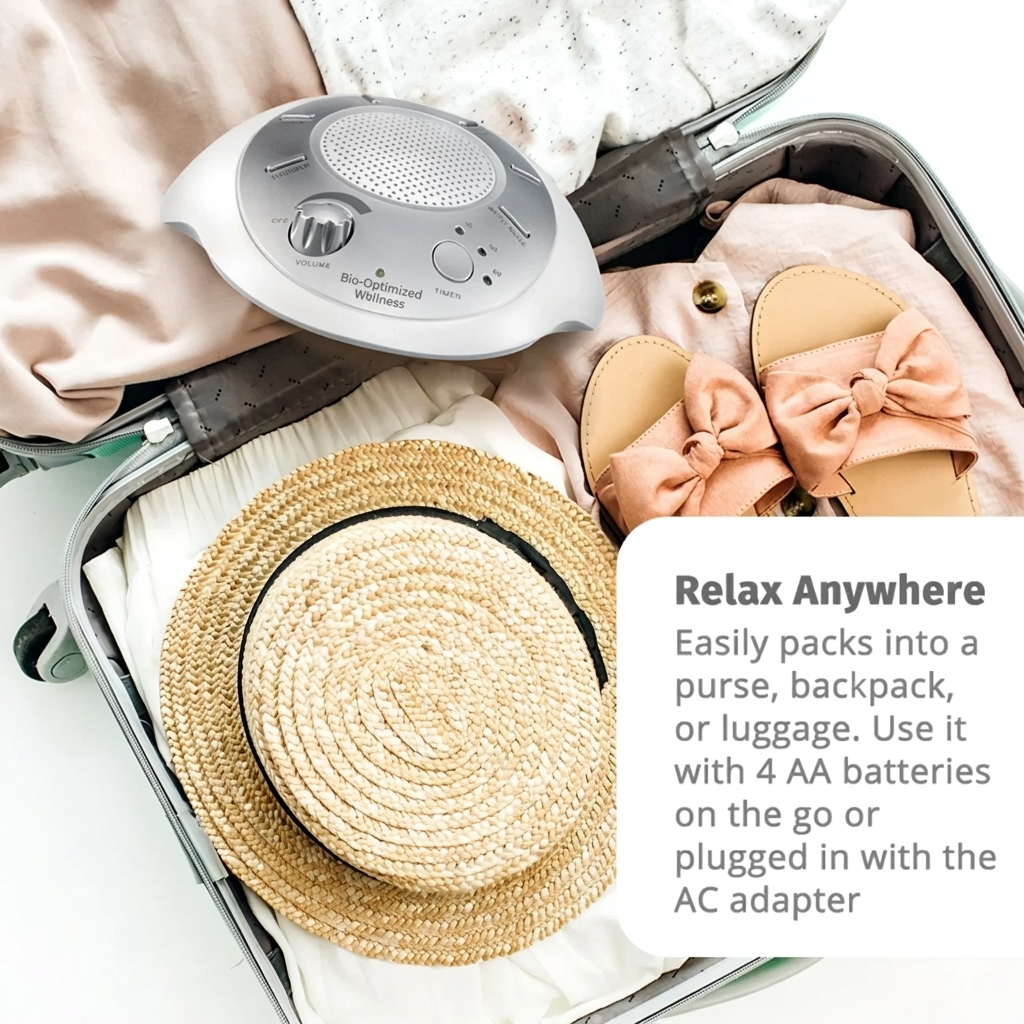 White noise machine in an open suitcase with travel items, including a hat and sandals.