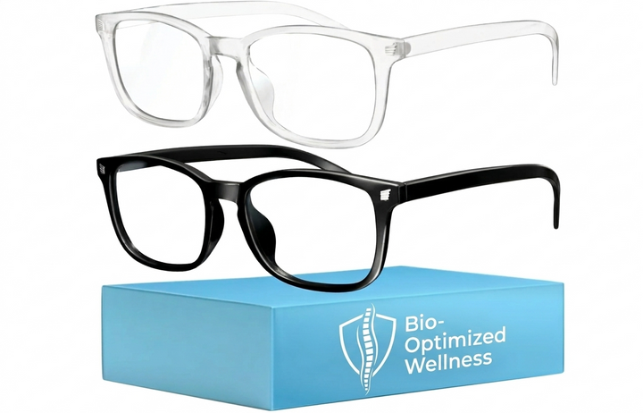 Two pairs of glasses, one black and one clear, on a blue box with 'Bio-Optimized Wellness' branding.