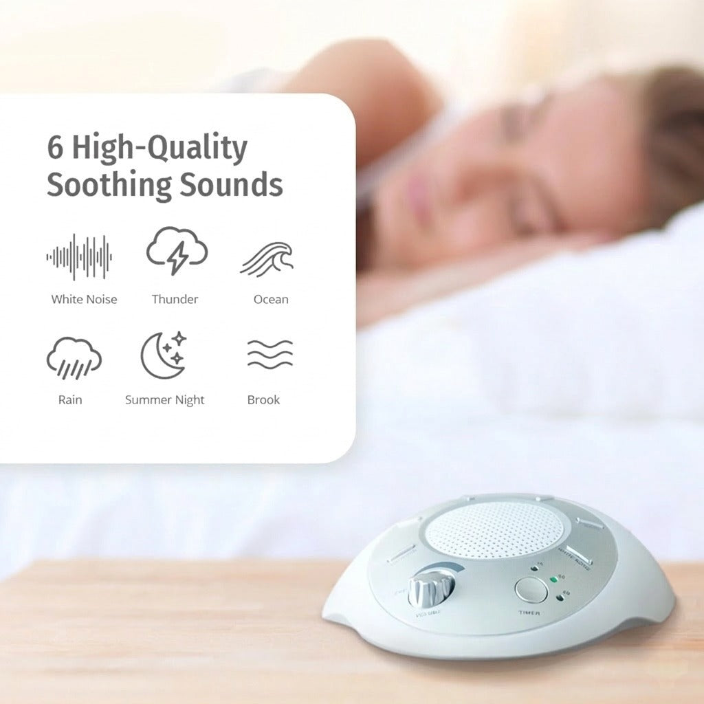 White noise machine on a bedside table with a person sleeping in the background, featuring six high-quality soothing sound options.