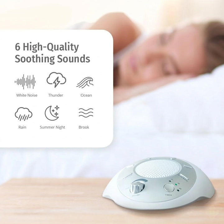 White noise machine on a bedside table with a person sleeping in the background, featuring six high-quality soothing sound options.