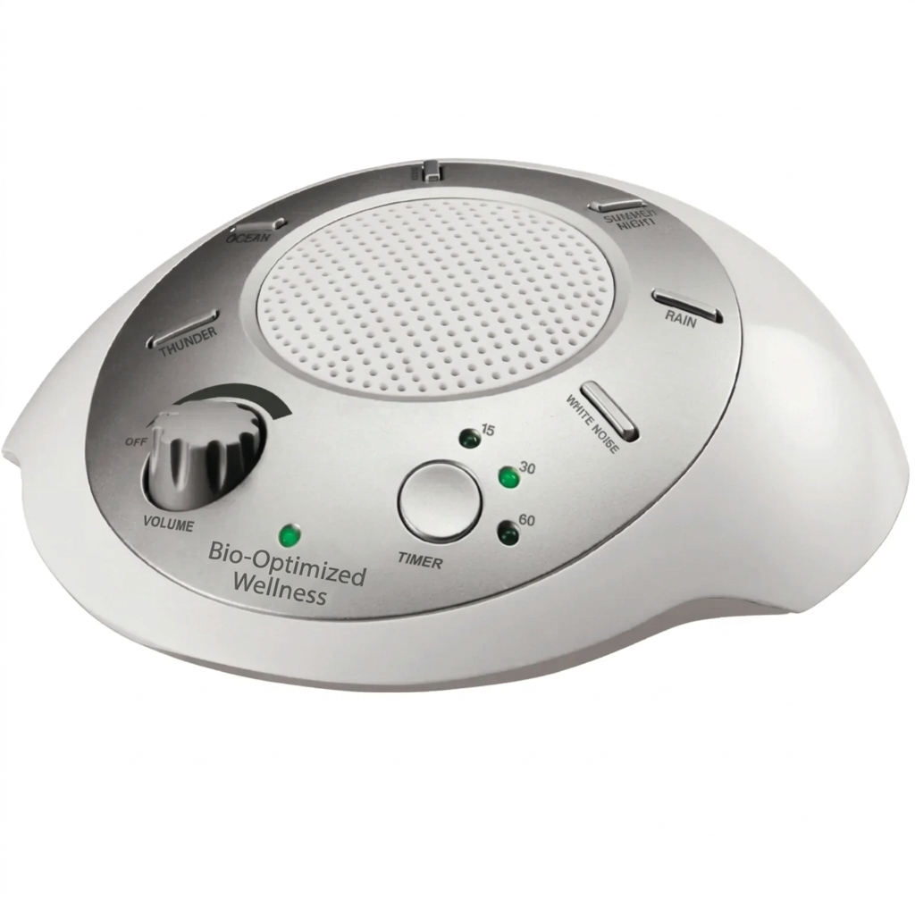 White and silver sound machine with control buttons on a white background