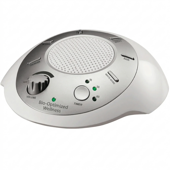 White and silver sound machine with control buttons on a white background