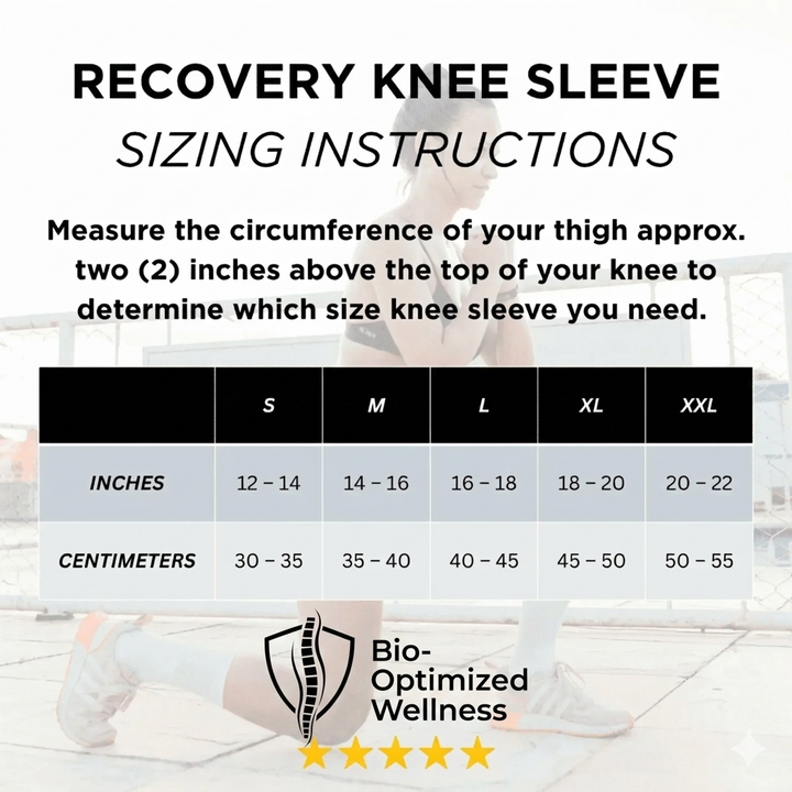 Recovery knee sleeve sizing instructions with measurement chart and Bio-Optimized Wellness logo.
