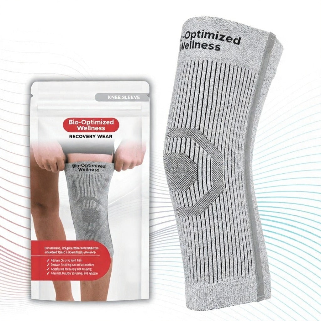 Gray knee sleeve with 'Bio-Optimized Wellness' branding on a white background