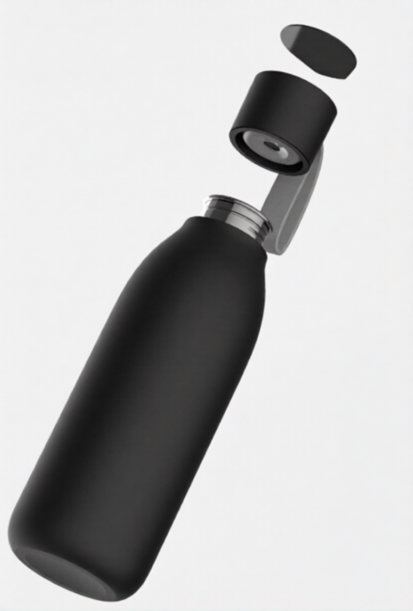 Black insulated bottle with a silver cap on a white background