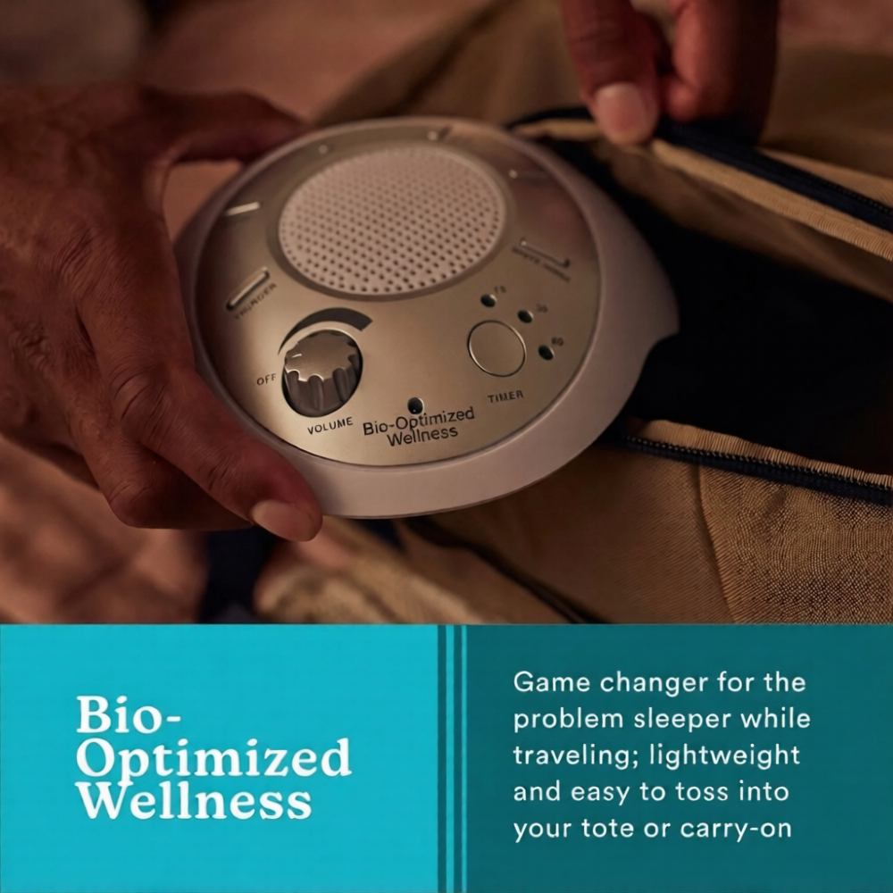 Hand holding a Bio-Optimized Wellness device with promotional text below.