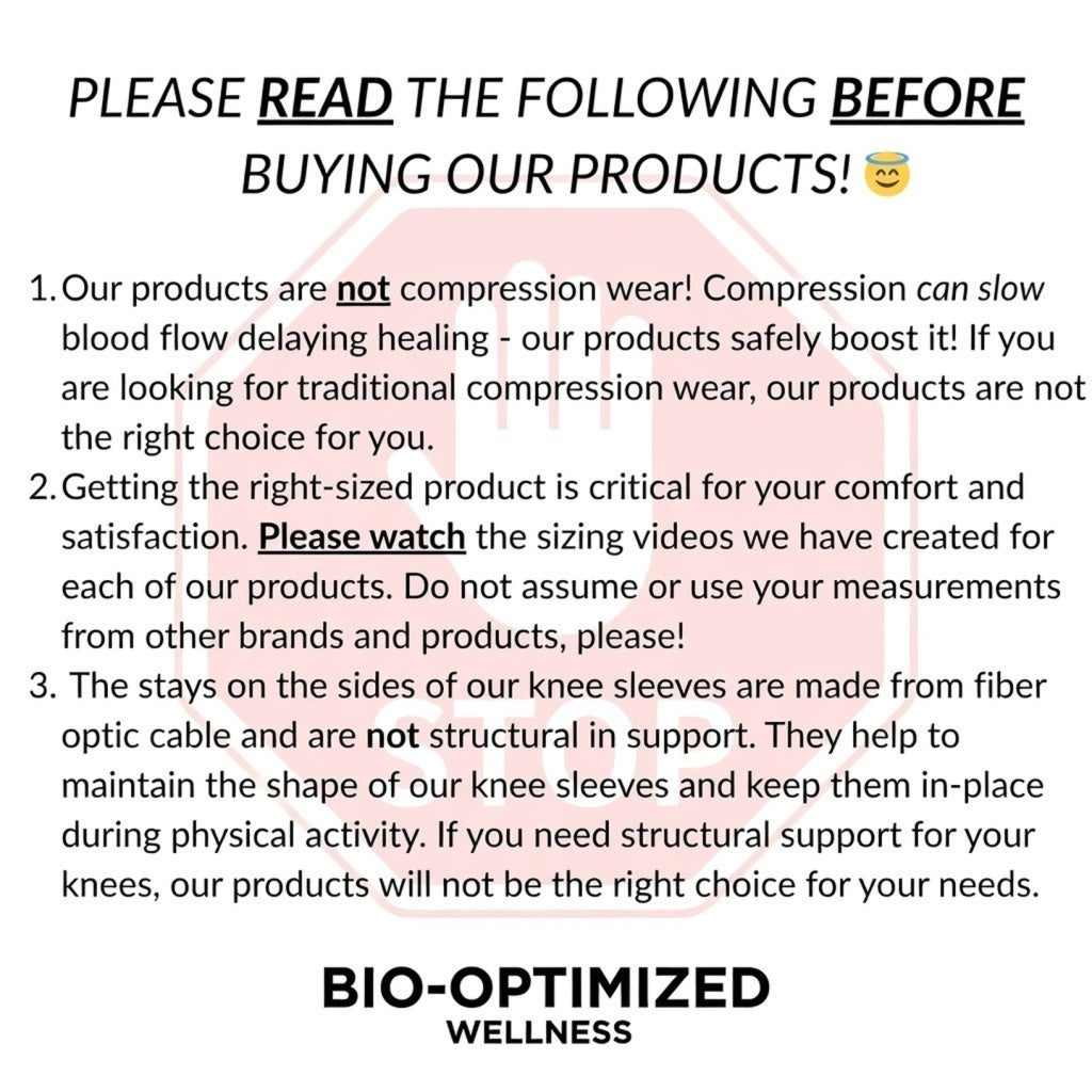 Disclaimer text about products not being compression wear with a pink knee sleeve in the center.
